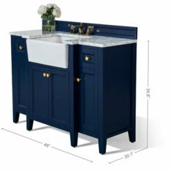 Ancerre Designs Adeline 48'' Bath Vanity In Multiple Finishes With Italian Carrara White Marble Vanity Top And White Undermount Farmhouse Basin And Gold Hardware, 48''W X 20-1/8''D X 34-5/8''H -Allied Brass Shop anc vts adeline 48 hb cw gd info 2 s3