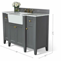 Ancerre Designs Adeline 48'' Bath Vanity In Multiple Finishes With Italian Carrara White Marble Vanity Top And White Undermount Farmhouse Basin And Gold Hardware, 48''W X 20-1/8''D X 34-5/8''H -Allied Brass Shop anc vts adeline 48 sg cw gd info 2 s3