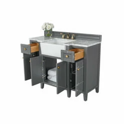 Ancerre Designs Adeline 48'' Bath Vanity In Multiple Finishes With Italian Carrara White Marble Vanity Top And White Undermount Farmhouse Basin And Gold Hardware, 48''W X 20-1/8''D X 34-5/8''H -Allied Brass Shop anc vts adeline 48 sg cw gd info 3 s3