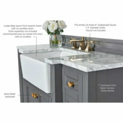 Ancerre Designs Adeline 48'' Bath Vanity In Multiple Finishes With Italian Carrara White Marble Vanity Top And White Undermount Farmhouse Basin And Gold Hardware, 48''W X 20-1/8''D X 34-5/8''H -Allied Brass Shop anc vts adeline 48 sg cw gd info 5 s3