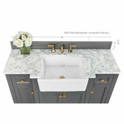 Ancerre Designs Adeline 48'' Bath Vanity In Multiple Finishes With Italian Carrara White Marble Vanity Top And White Undermount Farmhouse Basin And Gold Hardware, 48''W X 20-1/8''D X 34-5/8''H -Allied Brass Shop anc vts adeline 48 sg cw gd info 6 s3