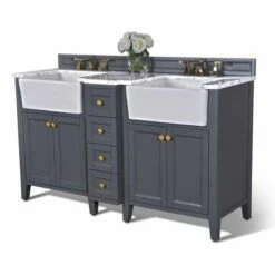 Ancerre Designs Adeline 60'' Double Sink Bath Vanity In White With Italian Carrara White Marble Vanity Top And (2) White Undermount Farmhouse Basin With Gold Hardware, 60''W X 20-1/2''D X 34-5/8''H 30 Ancerre Designs Adeline 60'' Double Sink Bath Vanity In White With Italian Carrara White Marble Vanity Top And (2) White Undermount Farmhouse Basin With Gold Hardware, 60''W X 20-1/2''D X 34-5/8''H -Allied Brass Shop anc vts adeline 60 sg cw gd angle s3