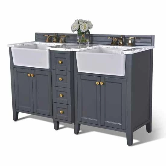 Ancerre Designs Adeline 60'' Double Sink Bath Vanity In White With Italian Carrara White Marble Vanity Top And (2) White Undermount Farmhouse Basin With Gold Hardware, 60''W X 20-1/2''D X 34-5/8''H 11 Ancerre Designs Adeline 60'' Double Sink Bath Vanity In White With Italian Carrara White Marble Vanity Top And (2) White Undermount Farmhouse Basin With Gold Hardware, 60''W X 20-1/2''D X 34-5/8''H - Image 11