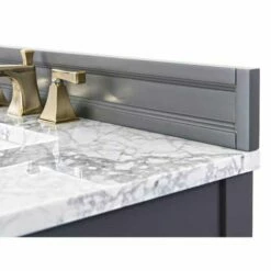 Ancerre Designs Adeline 60'' Double Sink Bath Vanity In White With Italian Carrara White Marble Vanity Top And (2) White Undermount Farmhouse Basin With Gold Hardware, 60''W X 20-1/2''D X 34-5/8''H 33 Ancerre Designs Adeline 60'' Double Sink Bath Vanity In White With Italian Carrara White Marble Vanity Top And (2) White Undermount Farmhouse Basin With Gold Hardware, 60''W X 20-1/2''D X 34-5/8''H -Allied Brass Shop anc vts adeline 60 sg cw gd backsplash s3