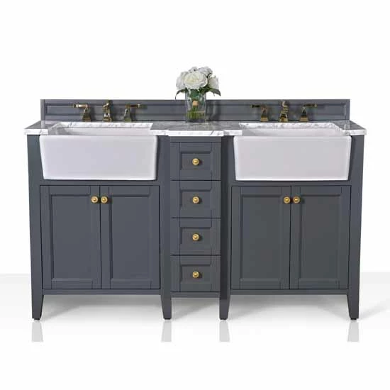 Ancerre Designs Adeline 60'' Double Sink Bath Vanity In White With Italian Carrara White Marble Vanity Top And (2) White Undermount Farmhouse Basin With Gold Hardware, 60''W X 20-1/2''D X 34-5/8''H 1 Ancerre Designs Adeline 60'' Double Sink Bath Vanity In White With Italian Carrara White Marble Vanity Top And (2) White Undermount Farmhouse Basin With Gold Hardware, 60''W X 20-1/2''D X 34-5/8''H