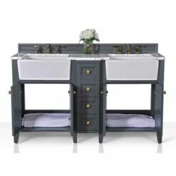 Ancerre Designs Adeline 60'' Double Sink Bath Vanity In White With Italian Carrara White Marble Vanity Top And (2) White Undermount Farmhouse Basin With Gold Hardware, 60''W X 20-1/2''D X 34-5/8''H 31 Ancerre Designs Adeline 60'' Double Sink Bath Vanity In White With Italian Carrara White Marble Vanity Top And (2) White Undermount Farmhouse Basin With Gold Hardware, 60''W X 20-1/2''D X 34-5/8''H -Allied Brass Shop anc vts adeline 60 sg cw gd open s3