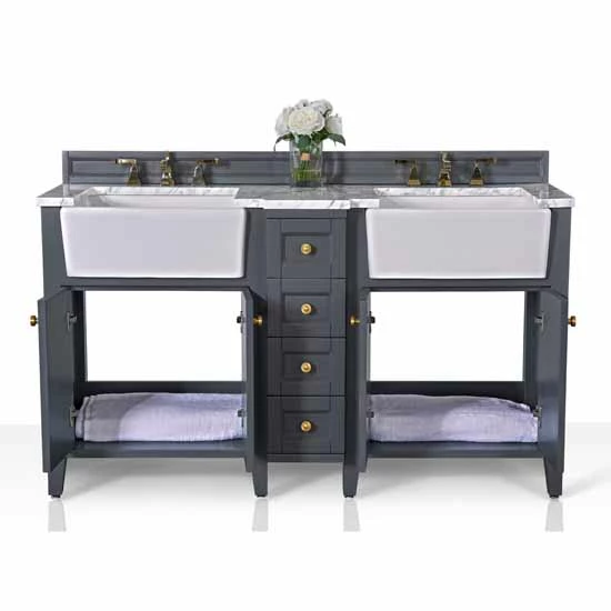 Ancerre Designs Adeline 60'' Double Sink Bath Vanity In White With Italian Carrara White Marble Vanity Top And (2) White Undermount Farmhouse Basin With Gold Hardware, 60''W X 20-1/2''D X 34-5/8''H 12 Ancerre Designs Adeline 60'' Double Sink Bath Vanity In White With Italian Carrara White Marble Vanity Top And (2) White Undermount Farmhouse Basin With Gold Hardware, 60''W X 20-1/2''D X 34-5/8''H - Image 12