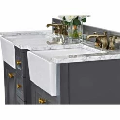 Ancerre Designs Adeline 60'' Double Sink Bath Vanity In White With Italian Carrara White Marble Vanity Top And (2) White Undermount Farmhouse Basin With Gold Hardware, 60''W X 20-1/2''D X 34-5/8''H 32 Ancerre Designs Adeline 60'' Double Sink Bath Vanity In White With Italian Carrara White Marble Vanity Top And (2) White Undermount Farmhouse Basin With Gold Hardware, 60''W X 20-1/2''D X 34-5/8''H -Allied Brass Shop anc vts adeline 60 sg cw gd top s3
