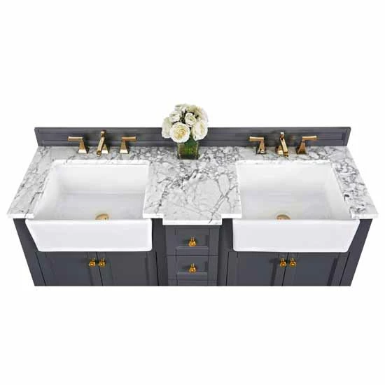 Ancerre Designs Adeline 60'' Double Sink Bath Vanity In White With Italian Carrara White Marble Vanity Top And (2) White Undermount Farmhouse Basin With Gold Hardware, 60''W X 20-1/2''D X 34-5/8''H 15 Ancerre Designs Adeline 60'' Double Sink Bath Vanity In White With Italian Carrara White Marble Vanity Top And (2) White Undermount Farmhouse Basin With Gold Hardware, 60''W X 20-1/2''D X 34-5/8''H - Image 15