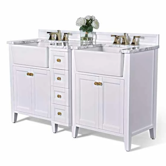 Ancerre Designs Adeline 60'' Double Sink Bath Vanity In White With Italian Carrara White Marble Vanity Top And (2) White Undermount Farmhouse Basin With Gold Hardware, 60''W X 20-1/2''D X 34-5/8''H 3 Ancerre Designs Adeline 60'' Double Sink Bath Vanity In White With Italian Carrara White Marble Vanity Top And (2) White Undermount Farmhouse Basin With Gold Hardware, 60''W X 20-1/2''D X 34-5/8''H - Image 3