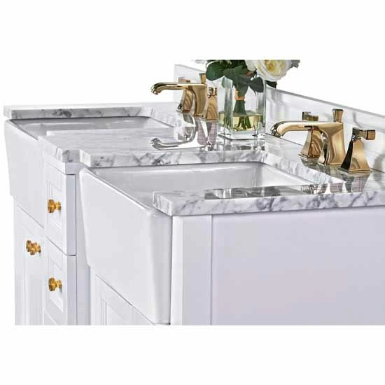 Ancerre Designs Adeline 60'' Double Sink Bath Vanity In White With Italian Carrara White Marble Vanity Top And (2) White Undermount Farmhouse Basin With Gold Hardware, 60''W X 20-1/2''D X 34-5/8''H 5 Ancerre Designs Adeline 60'' Double Sink Bath Vanity In White With Italian Carrara White Marble Vanity Top And (2) White Undermount Farmhouse Basin With Gold Hardware, 60''W X 20-1/2''D X 34-5/8''H - Image 5