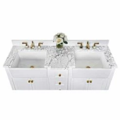 Ancerre Designs Adeline 60'' Double Sink Bath Vanity In White With Italian Carrara White Marble Vanity Top And (2) White Undermount Farmhouse Basin With Gold Hardware, 60''W X 20-1/2''D X 34-5/8''H 26 Ancerre Designs Adeline 60'' Double Sink Bath Vanity In White With Italian Carrara White Marble Vanity Top And (2) White Undermount Farmhouse Basin With Gold Hardware, 60''W X 20-1/2''D X 34-5/8''H -Allied Brass Shop anc vts adeline 60 w cw gd topview s3