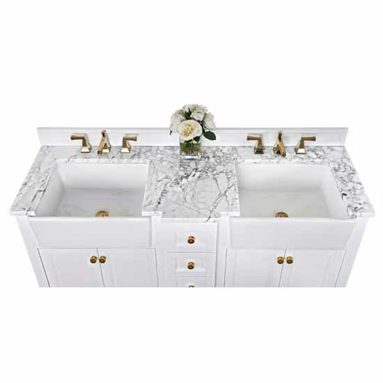 Ancerre Designs Adeline 60'' Double Sink Bath Vanity In White With Italian Carrara White Marble Vanity Top And (2) White Undermount Farmhouse Basin With Gold Hardware, 60''W X 20-1/2''D X 34-5/8''H 7 Ancerre Designs Adeline 60'' Double Sink Bath Vanity In White With Italian Carrara White Marble Vanity Top And (2) White Undermount Farmhouse Basin With Gold Hardware, 60''W X 20-1/2''D X 34-5/8''H - Image 7