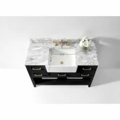 Ancerre Designs Hayley Freestanding Single Sink Bath Vanity Set With Assorted Cabinet Base Finishes, Italian Carrara White Marble Vanity Countertop, And White Farmhouse Apron Basin, 48" Wide, 5-Drawers, 1 Open Bottom Shelf -Allied Brass Shop anc vts hayley 48 bo cw info 4 s3