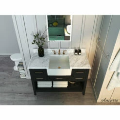 Ancerre Designs Hayley Freestanding Single Sink Bath Vanity Set With Assorted Cabinet Base Finishes, Italian Carrara White Marble Vanity Countertop, And White Farmhouse Apron Basin, 48" Wide, 5-Drawers, 1 Open Bottom Shelf