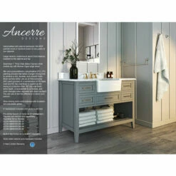 Ancerre Designs Hayley Freestanding Single Sink Bath Vanity Set With Assorted Cabinet Base Finishes, Italian Carrara White Marble Vanity Countertop, And White Farmhouse Apron Basin, 48" Wide, 5-Drawers, 1 Open Bottom Shelf -Allied Brass Shop anc vts hayley 48 scg cw info 1 s3