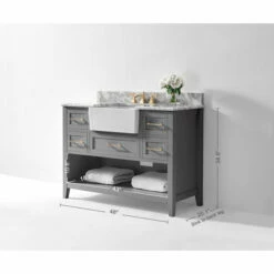 Ancerre Designs Hayley Freestanding Single Sink Bath Vanity Set With Assorted Cabinet Base Finishes, Italian Carrara White Marble Vanity Countertop, And White Farmhouse Apron Basin, 48" Wide, 5-Drawers, 1 Open Bottom Shelf -Allied Brass Shop anc vts hayley 48 scg cw info 2 s3