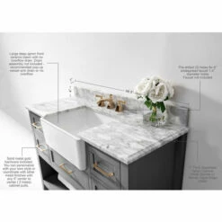 Ancerre Designs Hayley Freestanding Single Sink Bath Vanity Set With Assorted Cabinet Base Finishes, Italian Carrara White Marble Vanity Countertop, And White Farmhouse Apron Basin, 48" Wide, 5-Drawers, 1 Open Bottom Shelf -Allied Brass Shop anc vts hayley 48 scg cw info 3 s3