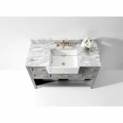 Ancerre Designs Hayley Freestanding Single Sink Bath Vanity Set With Assorted Cabinet Base Finishes, Italian Carrara White Marble Vanity Countertop, And White Farmhouse Apron Basin, 48" Wide, 5-Drawers, 1 Open Bottom Shelf -Allied Brass Shop anc vts hayley 48 scg cw info 4 s3