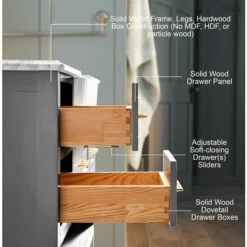 Ancerre Designs Hayley Freestanding Single Sink Bath Vanity Set With Assorted Cabinet Base Finishes, Italian Carrara White Marble Vanity Countertop, And White Farmhouse Apron Basin, 48" Wide, 5-Drawers, 1 Open Bottom Shelf -Allied Brass Shop anc vts hayley 48 scg cw info 5 s3