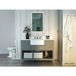 Ancerre Designs Hayley Freestanding Single Sink Bath Vanity Set With Assorted Cabinet Base Finishes, Italian Carrara White Marble Vanity Countertop, And White Farmhouse Apron Basin, 48" Wide, 5-Drawers, 1 Open Bottom Shelf -Allied Brass Shop anc vts hayley 48 scg cw 1 s3