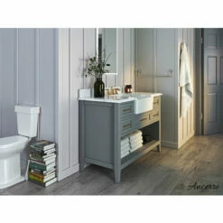 Ancerre Designs Hayley Freestanding Single Sink Bath Vanity Set With Assorted Cabinet Base Finishes, Italian Carrara White Marble Vanity Countertop, And White Farmhouse Apron Basin, 48" Wide, 5-Drawers, 1 Open Bottom Shelf -Allied Brass Shop anc vts hayley 48 scg cw 2 s3