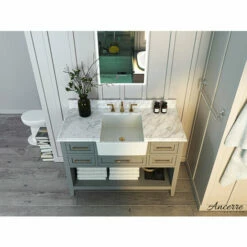Ancerre Designs Hayley Freestanding Single Sink Bath Vanity Set With Assorted Cabinet Base Finishes, Italian Carrara White Marble Vanity Countertop, And White Farmhouse Apron Basin, 48" Wide, 5-Drawers, 1 Open Bottom Shelf -Allied Brass Shop anc vts hayley 48 scg cw 3 s3