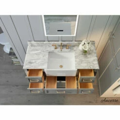Ancerre Designs Hayley Freestanding Single Sink Bath Vanity Set With Assorted Cabinet Base Finishes, Italian Carrara White Marble Vanity Countertop, And White Farmhouse Apron Basin, 48" Wide, 5-Drawers, 1 Open Bottom Shelf -Allied Brass Shop anc vts hayley 48 scg cw 4 s3