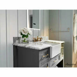 Ancerre Designs Hayley Freestanding Single Sink Bath Vanity Set With Assorted Cabinet Base Finishes, Italian Carrara White Marble Vanity Countertop, And White Farmhouse Apron Basin, 48" Wide, 5-Drawers, 1 Open Bottom Shelf -Allied Brass Shop anc vts hayley 48 scg cw 5 s3