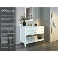 Ancerre Designs Hayley Freestanding Single Sink Bath Vanity Set With Assorted Cabinet Base Finishes, Italian Carrara White Marble Vanity Countertop, And White Farmhouse Apron Basin, 48" Wide, 5-Drawers, 1 Open Bottom Shelf -Allied Brass Shop anc vts hayley 48 w cw info 1 s3