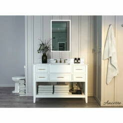 Ancerre Designs Hayley Freestanding Single Sink Bath Vanity Set With Assorted Cabinet Base Finishes, Italian Carrara White Marble Vanity Countertop, And White Farmhouse Apron Basin, 48" Wide, 5-Drawers, 1 Open Bottom Shelf -Allied Brass Shop anc vts hayley 48 w cw 1 s3