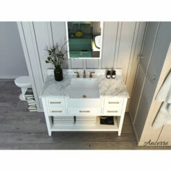 Ancerre Designs Hayley Freestanding Single Sink Bath Vanity Set With Assorted Cabinet Base Finishes, Italian Carrara White Marble Vanity Countertop, And White Farmhouse Apron Basin, 48" Wide, 5-Drawers, 1 Open Bottom Shelf -Allied Brass Shop anc vts hayley 48 w cw 3 s3