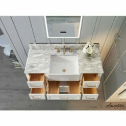 Ancerre Designs Hayley Freestanding Single Sink Bath Vanity Set With Assorted Cabinet Base Finishes, Italian Carrara White Marble Vanity Countertop, And White Farmhouse Apron Basin, 48" Wide, 5-Drawers, 1 Open Bottom Shelf -Allied Brass Shop anc vts hayley 48 w cw 4 s3