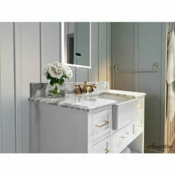 Ancerre Designs Hayley Freestanding Single Sink Bath Vanity Set With Assorted Cabinet Base Finishes, Italian Carrara White Marble Vanity Countertop, And White Farmhouse Apron Basin, 48" Wide, 5-Drawers, 1 Open Bottom Shelf -Allied Brass Shop anc vts hayley 48 w cw 5 s3