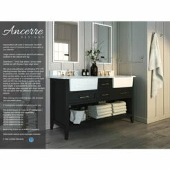 Ancerre Designs Hayley Freestanding Double Sink Bath Vanity Set With Assorted Cabinet Base Finishes, Italian Carrara White Marble Vanity Countertop, And 2x White Farmhouse Apron Basins, 60" Wide, 4-Drawers, 1 Open Bottom Shelf -Allied Brass Shop anc vts hayley 60 bo cw info 1 s3