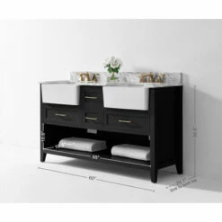 Ancerre Designs Hayley Freestanding Double Sink Bath Vanity Set With Assorted Cabinet Base Finishes, Italian Carrara White Marble Vanity Countertop, And 2x White Farmhouse Apron Basins, 60" Wide, 4-Drawers, 1 Open Bottom Shelf -Allied Brass Shop anc vts hayley 60 bo cw info 2 s3