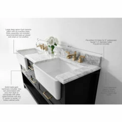Ancerre Designs Hayley Freestanding Double Sink Bath Vanity Set With Assorted Cabinet Base Finishes, Italian Carrara White Marble Vanity Countertop, And 2x White Farmhouse Apron Basins, 60" Wide, 4-Drawers, 1 Open Bottom Shelf -Allied Brass Shop anc vts hayley 60 bo cw info 3 s3