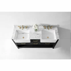 Ancerre Designs Hayley Freestanding Double Sink Bath Vanity Set With Assorted Cabinet Base Finishes, Italian Carrara White Marble Vanity Countertop, And 2x White Farmhouse Apron Basins, 60" Wide, 4-Drawers, 1 Open Bottom Shelf -Allied Brass Shop anc vts hayley 60 bo cw info 4 s3