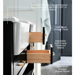 Ancerre Designs Hayley Freestanding Double Sink Bath Vanity Set With Assorted Cabinet Base Finishes, Italian Carrara White Marble Vanity Countertop, And 2x White Farmhouse Apron Basins, 60" Wide, 4-Drawers, 1 Open Bottom Shelf -Allied Brass Shop anc vts hayley 60 bo cw info 5 s3