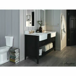 Ancerre Designs Hayley Freestanding Double Sink Bath Vanity Set With Assorted Cabinet Base Finishes, Italian Carrara White Marble Vanity Countertop, And 2x White Farmhouse Apron Basins, 60" Wide, 4-Drawers, 1 Open Bottom Shelf