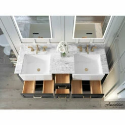 Ancerre Designs Hayley Freestanding Double Sink Bath Vanity Set With Assorted Cabinet Base Finishes, Italian Carrara White Marble Vanity Countertop, And 2x White Farmhouse Apron Basins, 60" Wide, 4-Drawers, 1 Open Bottom Shelf -Allied Brass Shop anc vts hayley 60 bo cw 4 s3