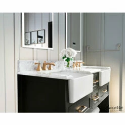 Ancerre Designs Hayley Freestanding Double Sink Bath Vanity Set With Assorted Cabinet Base Finishes, Italian Carrara White Marble Vanity Countertop, And 2x White Farmhouse Apron Basins, 60" Wide, 4-Drawers, 1 Open Bottom Shelf -Allied Brass Shop anc vts hayley 60 bo cw 5 s3