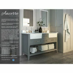 Ancerre Designs Hayley Freestanding Double Sink Bath Vanity Set With Assorted Cabinet Base Finishes, Italian Carrara White Marble Vanity Countertop, And 2x White Farmhouse Apron Basins, 60" Wide, 4-Drawers, 1 Open Bottom Shelf -Allied Brass Shop anc vts hayley 60 scg cw info 1 s3