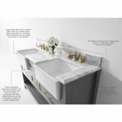 Ancerre Designs Hayley Freestanding Double Sink Bath Vanity Set With Assorted Cabinet Base Finishes, Italian Carrara White Marble Vanity Countertop, And 2x White Farmhouse Apron Basins, 60" Wide, 4-Drawers, 1 Open Bottom Shelf -Allied Brass Shop anc vts hayley 60 scg cw info 3 s3
