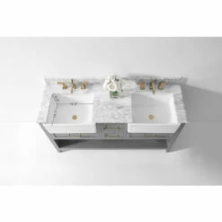 Ancerre Designs Hayley Freestanding Double Sink Bath Vanity Set With Assorted Cabinet Base Finishes, Italian Carrara White Marble Vanity Countertop, And 2x White Farmhouse Apron Basins, 60" Wide, 4-Drawers, 1 Open Bottom Shelf -Allied Brass Shop anc vts hayley 60 scg cw info 4 s3