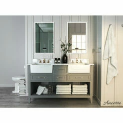 Ancerre Designs Hayley Freestanding Double Sink Bath Vanity Set With Assorted Cabinet Base Finishes, Italian Carrara White Marble Vanity Countertop, And 2x White Farmhouse Apron Basins, 60" Wide, 4-Drawers, 1 Open Bottom Shelf -Allied Brass Shop anc vts hayley 60 scg cw 1 s3
