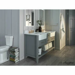 Ancerre Designs Hayley Freestanding Double Sink Bath Vanity Set With Assorted Cabinet Base Finishes, Italian Carrara White Marble Vanity Countertop, And 2x White Farmhouse Apron Basins, 60" Wide, 4-Drawers, 1 Open Bottom Shelf -Allied Brass Shop anc vts hayley 60 scg cw 2 s3