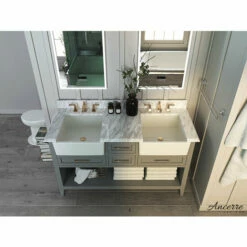 Ancerre Designs Hayley Freestanding Double Sink Bath Vanity Set With Assorted Cabinet Base Finishes, Italian Carrara White Marble Vanity Countertop, And 2x White Farmhouse Apron Basins, 60" Wide, 4-Drawers, 1 Open Bottom Shelf -Allied Brass Shop anc vts hayley 60 scg cw 3 s3