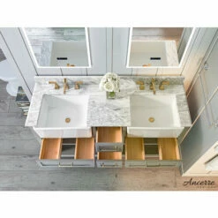 Ancerre Designs Hayley Freestanding Double Sink Bath Vanity Set With Assorted Cabinet Base Finishes, Italian Carrara White Marble Vanity Countertop, And 2x White Farmhouse Apron Basins, 60" Wide, 4-Drawers, 1 Open Bottom Shelf -Allied Brass Shop anc vts hayley 60 scg cw 4 s3