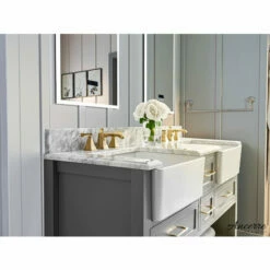 Ancerre Designs Hayley Freestanding Double Sink Bath Vanity Set With Assorted Cabinet Base Finishes, Italian Carrara White Marble Vanity Countertop, And 2x White Farmhouse Apron Basins, 60" Wide, 4-Drawers, 1 Open Bottom Shelf -Allied Brass Shop anc vts hayley 60 scg cw 5 s3